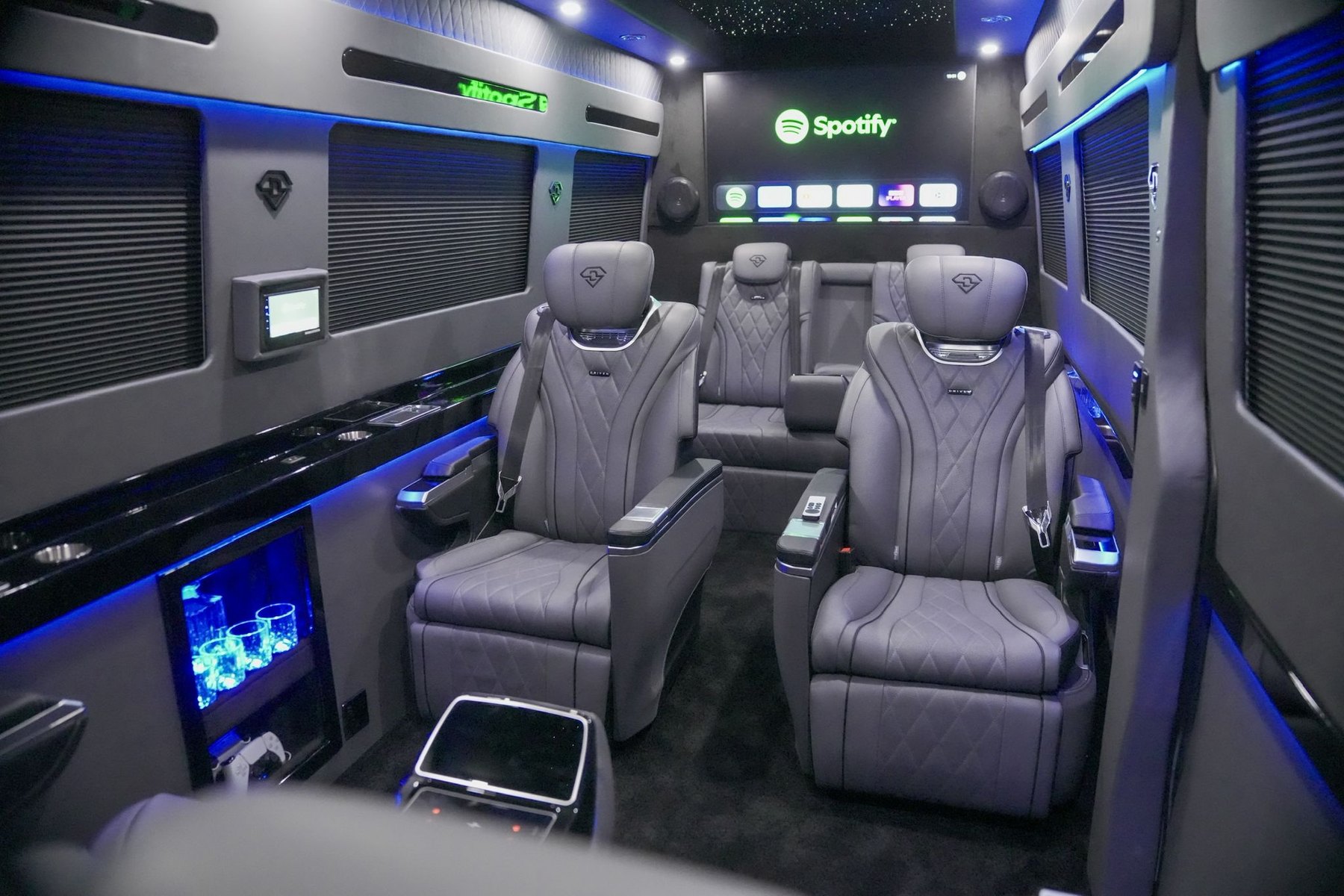 Full Sprinter cabin with rear bench and entertainment screen